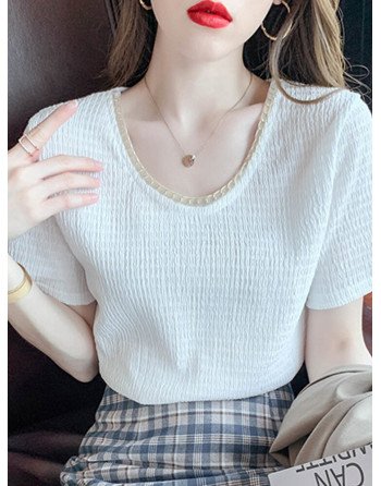 Contrast Textured Short Sleeve Crew Neck Casual Blouse