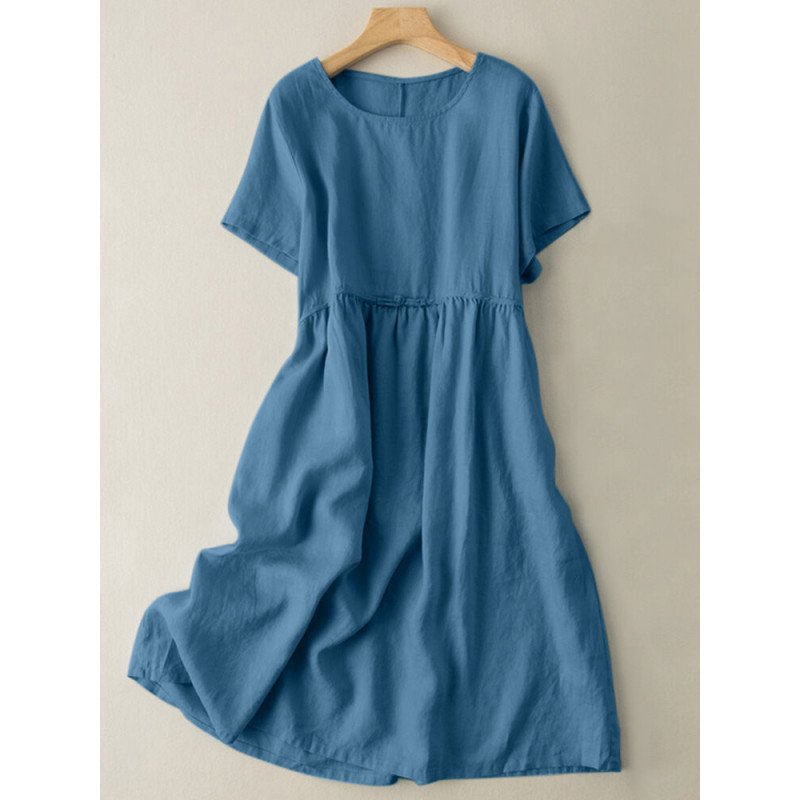 Solid Ruched Round Neck Short Sleeve Casual Cotton Midi Dress