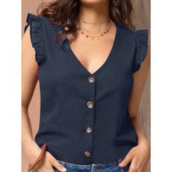 Women Solid V-Neck Button Front Ruffle Sleeveless Blouse
