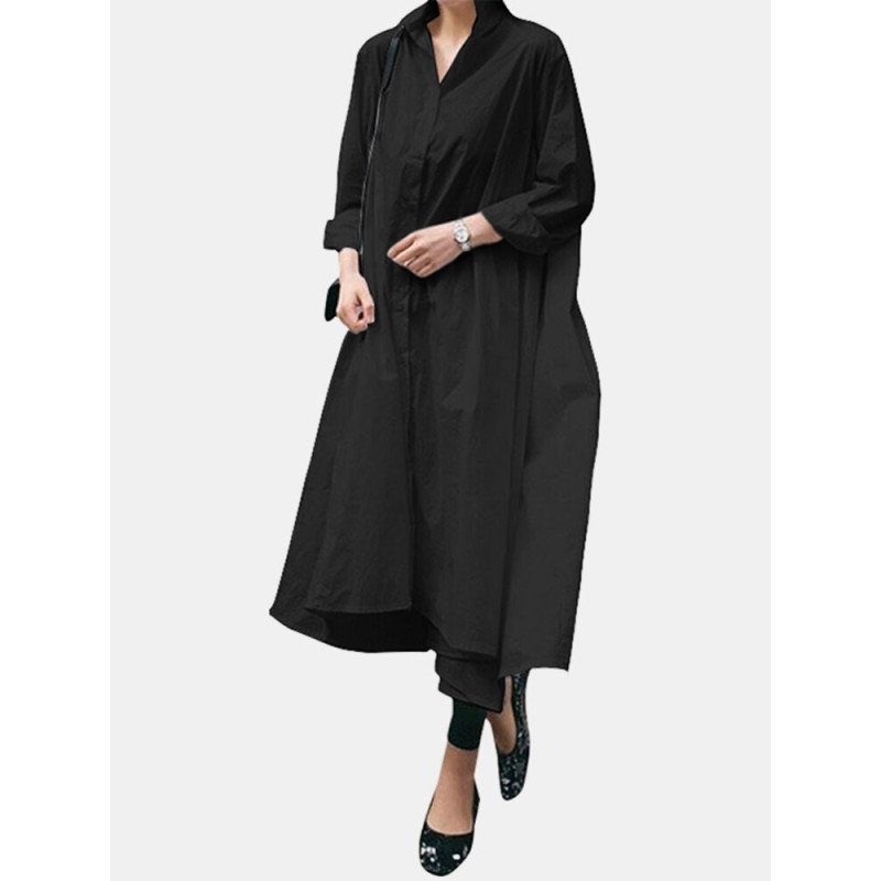 Casual Solid Color Asymmetrical Turn Down Collar Maxi Shirt Dress