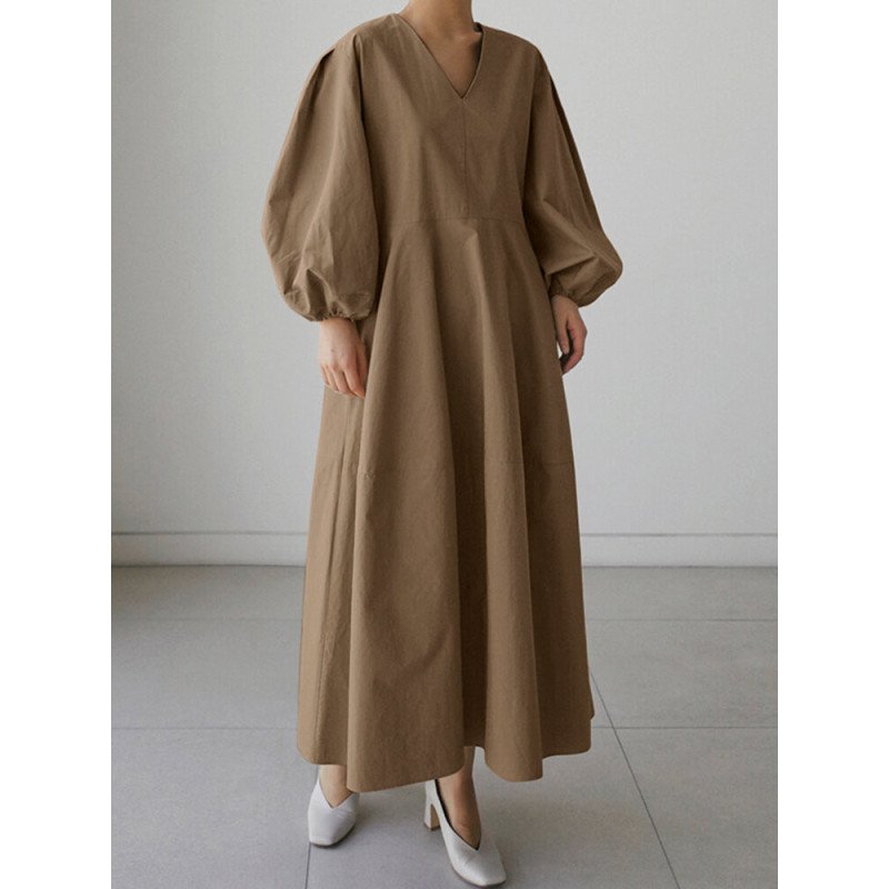 Casual V-neck Puff Sleeve Solid Color Pleated Midi Dress
