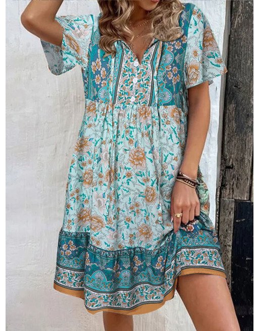 Women Vintage Floral Print Short Sleeve Bohemian Dress