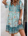 Women Vintage Floral Print Short Sleeve Bohemian Dress