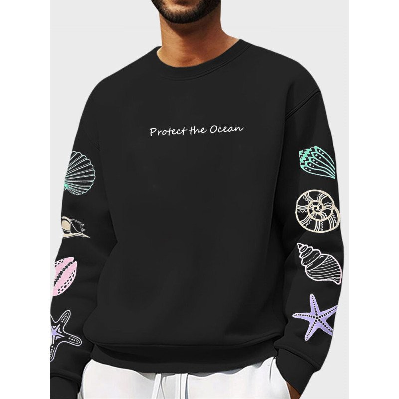 Mens Marine Life Slogan Print Crew Neck Pullover Sweatshirts