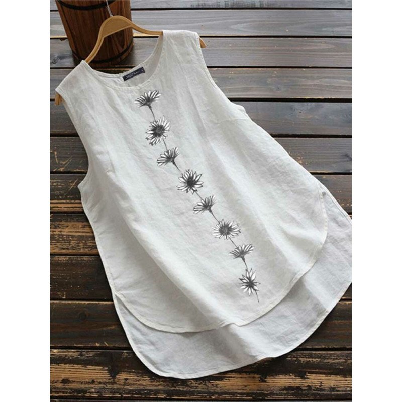 Women Floral Print Sleeveless Crew Neck Tank Top