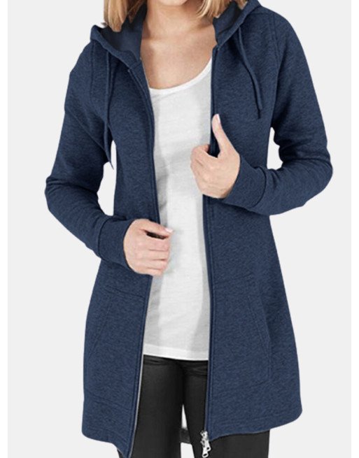 Casual Solid Color Drawstring Zipper Hooded Plus Size Coat