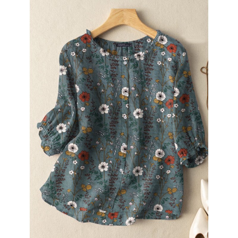 Floral Print Lettuce Trim Neck Button Front Blouse