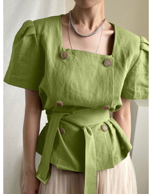 Solid Belt Double Breasted Square Collar Puff Sleeve Blouse