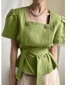 Solid Belt Double Breasted Square Collar Puff Sleeve Blouse
