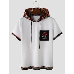 Mens Rose Ethnic Geometric Trim Print Texture Hooded T-Shirts