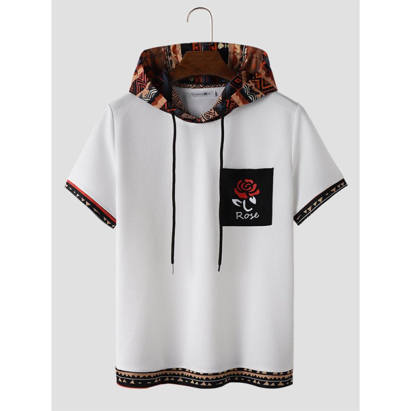 Mens Rose Ethnic Geometric Trim Print Texture Hooded T-Shirts