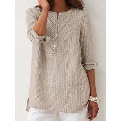 Women Striped Half Button High-Low Hem Cotton Blouse