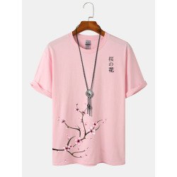 Mens Cherry Blossoms Print Japanese Style Cotton Short Sleeve T-Shirts