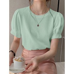 Solid Keyhole Back Puff Sleeve Crew Neck Blouse