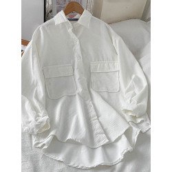 Solid Corduroy High-low Hem Button Long Sleeve Shirt