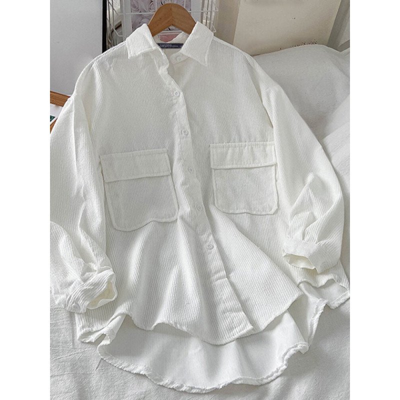 Solid Corduroy High-low Hem Button Long Sleeve Shirt