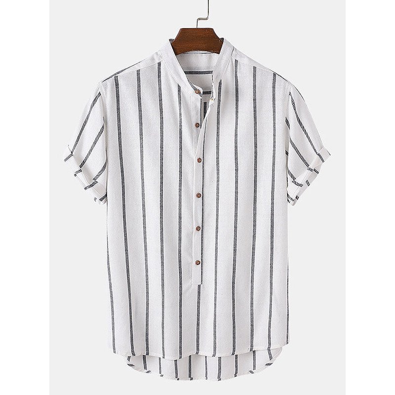 Mens Stripe Pattern Short Sleeve Button Stand Collar Shirt
