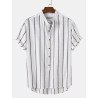 Mens Stripe Pattern Short Sleeve Button Stand Collar Shirt