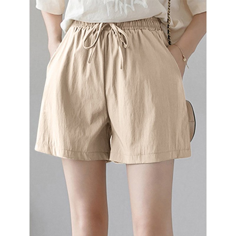 Cotton Solid Pocket Elastic Waist Casual Shorts