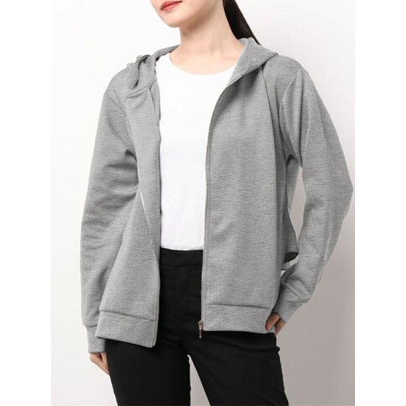 Solid Ruffle Hem Back Zip Pocket Drawstring Hooded Jacket