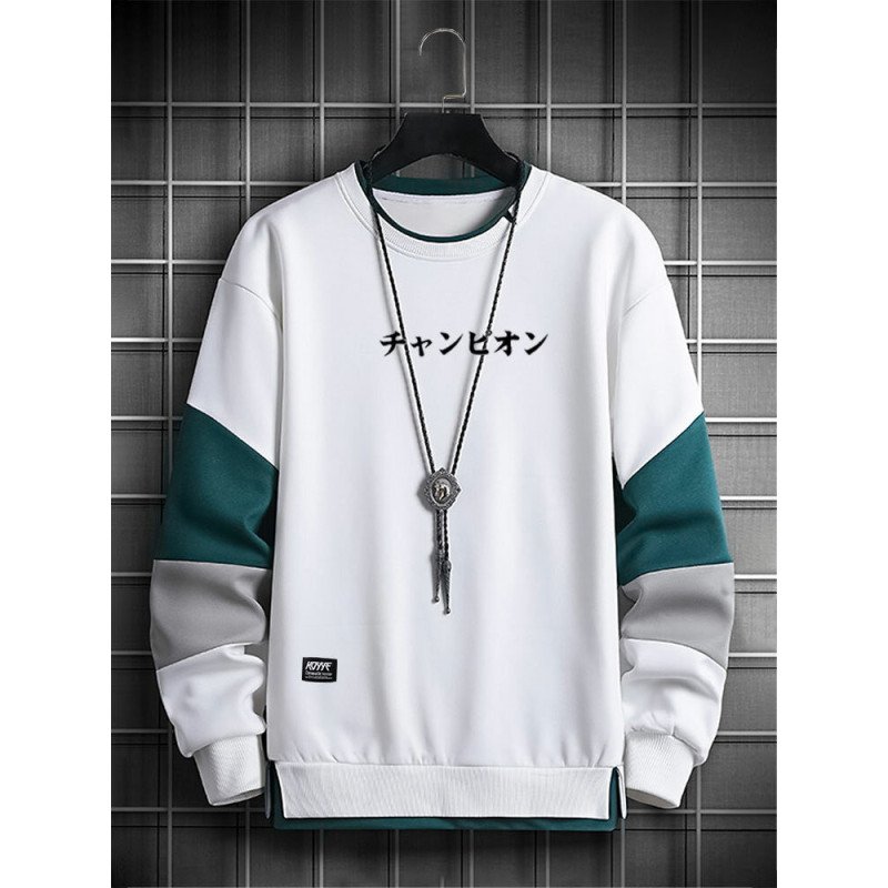 Mens Japanese Print Color Block Patchwork Pullover Sweatshirts