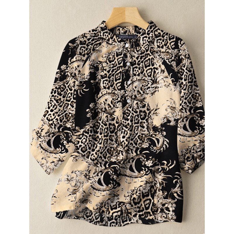 Women Leopard Print Stand Collar 3/4 Sleeve Blouse