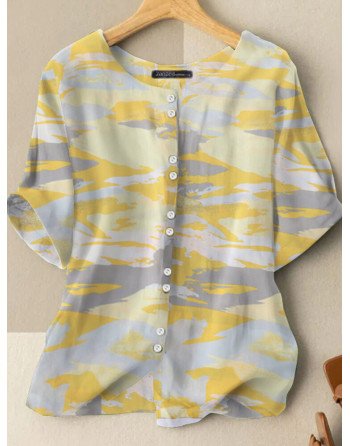 Women Print Crew Neck Button Front Short Sleeve Blouse