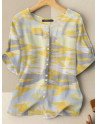 Women Print Crew Neck Button Front Short Sleeve Blouse