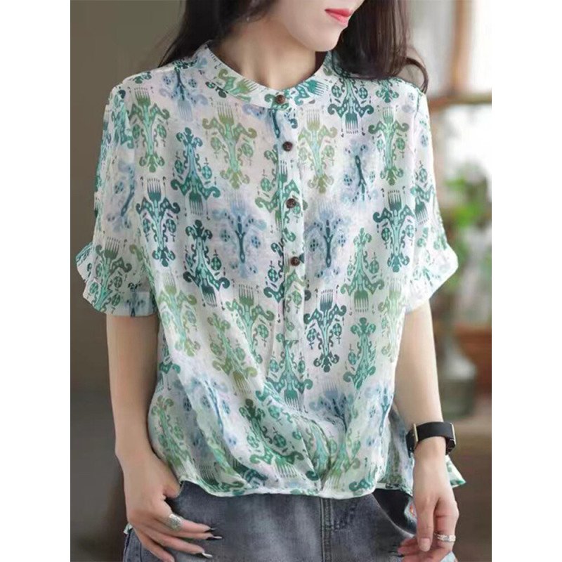 Allover Print Stand Collar Button Short Sleeve Blouse