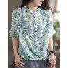 Allover Print Stand Collar Button Short Sleeve Blouse