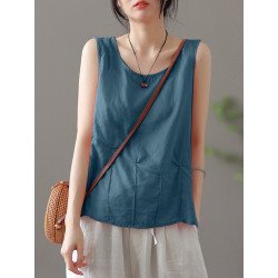 Solid Fold Pleated Crew Neck Sleeveless Casual Tank Top
