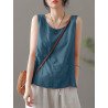 Solid Fold Pleated Crew Neck Sleeveless Casual Tank Top