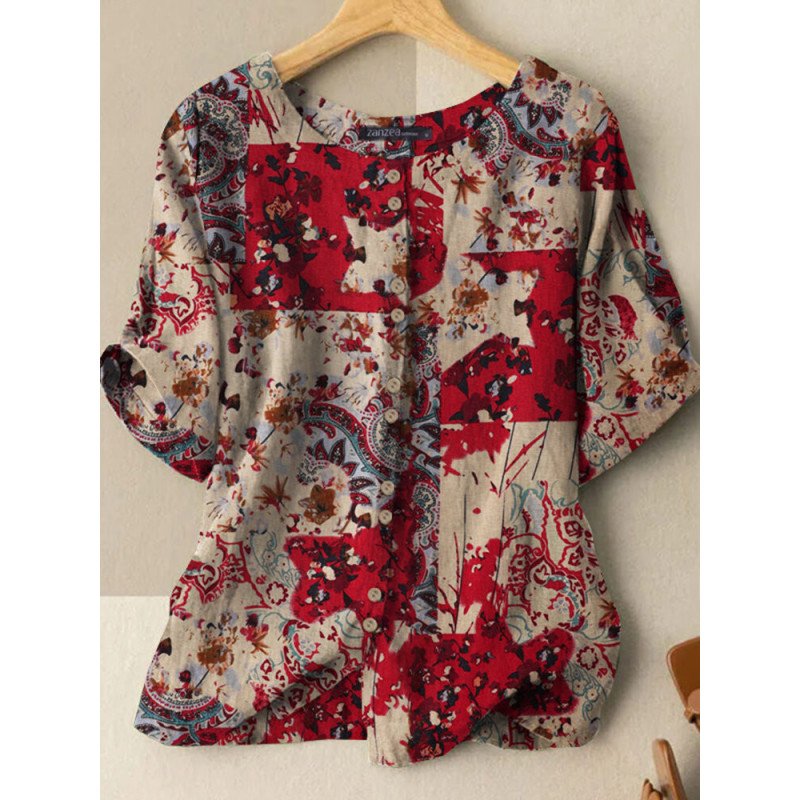 Women Allover Print Button Front Short Sleeve Blouse