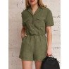 Solid Pocket Button Front Short Sleeve Lapel Cargo Romper