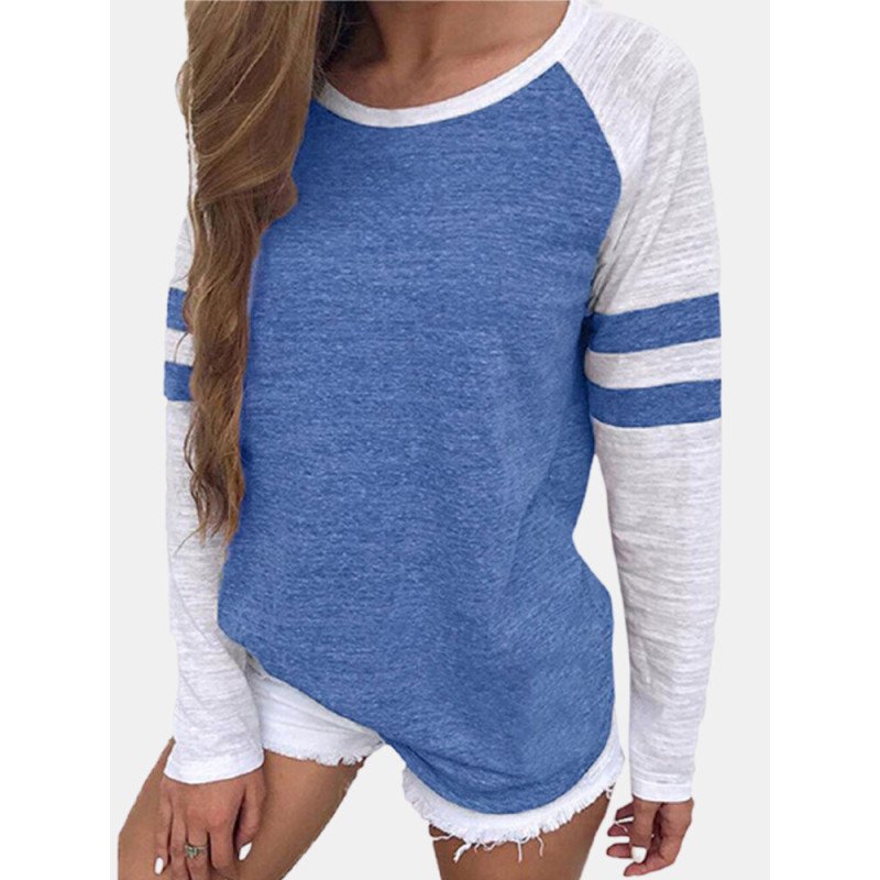 Striped Casual Patchwork O-neck Long Sleeve Plus Size T-shirt