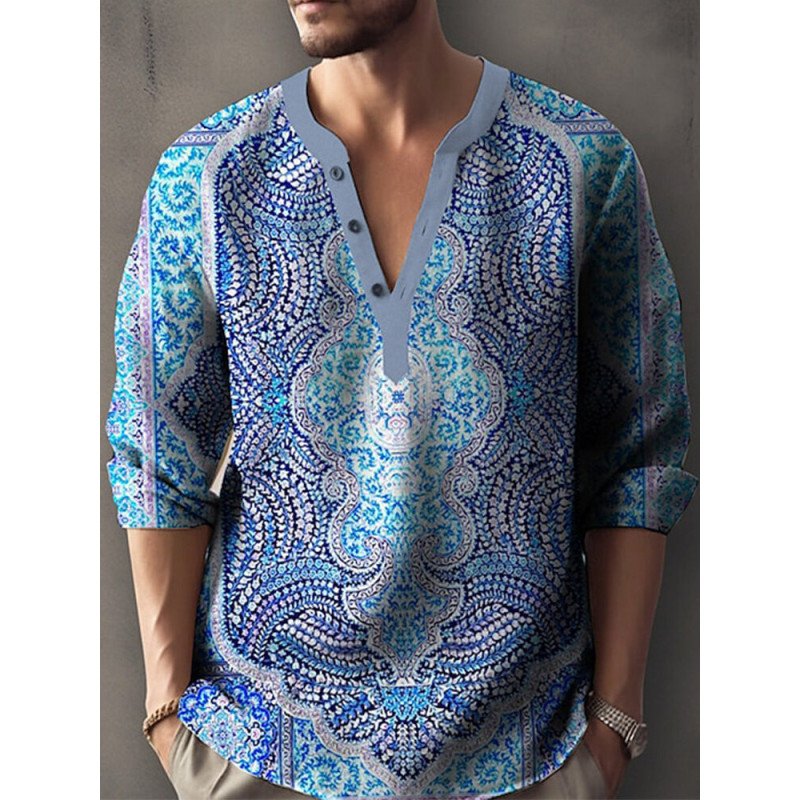 Mens Ethnic Totem Print Notched Neck Long Sleeve Henley Shirts