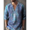 Mens Ethnic Totem Print Notched Neck Long Sleeve Henley Shirts