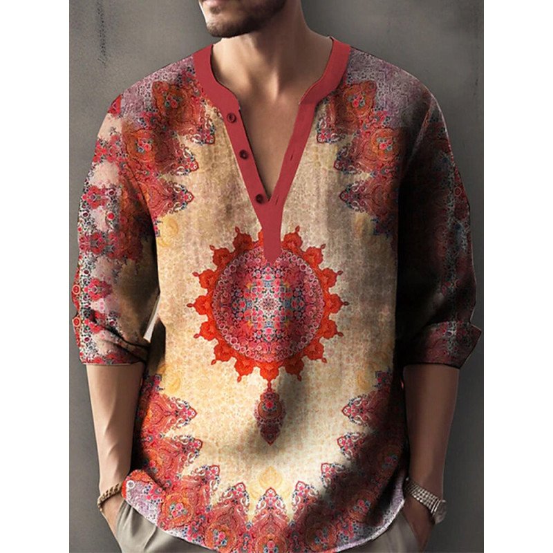 Mens Vintage Ethnic Totem Print Half Button Henley Shirts