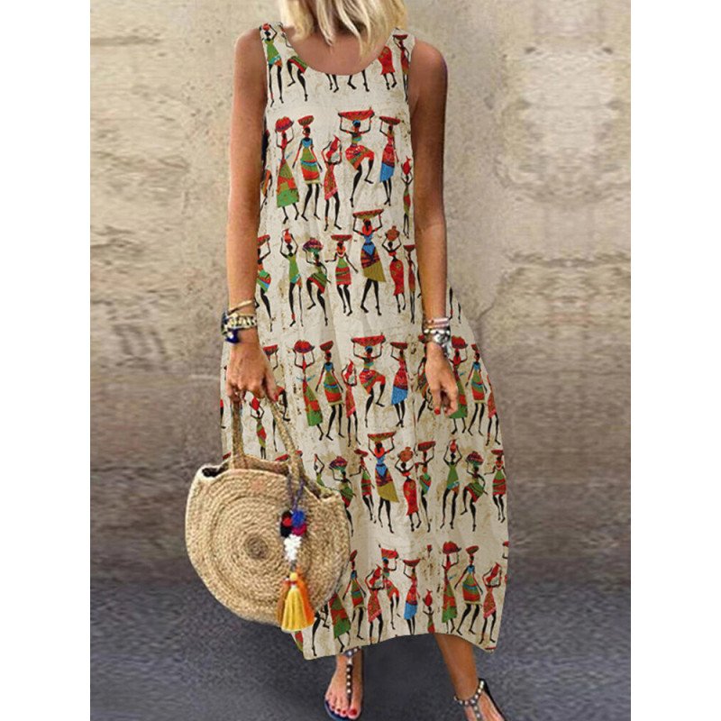 Vintage Print Sleeveless Plus Size Summer Dress