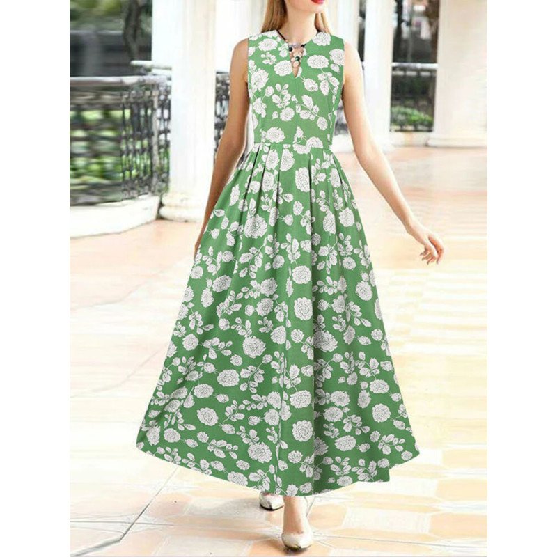 Women Ditsy Floral Print V-Neck Sleeveless Maxi Dress