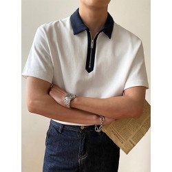 Mens Contrast Collar Half Zip Casual Short Sleeve Golf Shirt