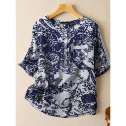 Cotton Plant Print Button Pocket Patchwork Short Sleeve Casual Blouse