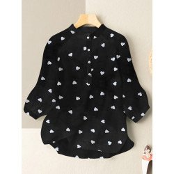 Leisure Love Print Stand Collar Button Blouse