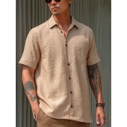 Mens Plain Texture Lapel Casual Short Sleeve Shirts