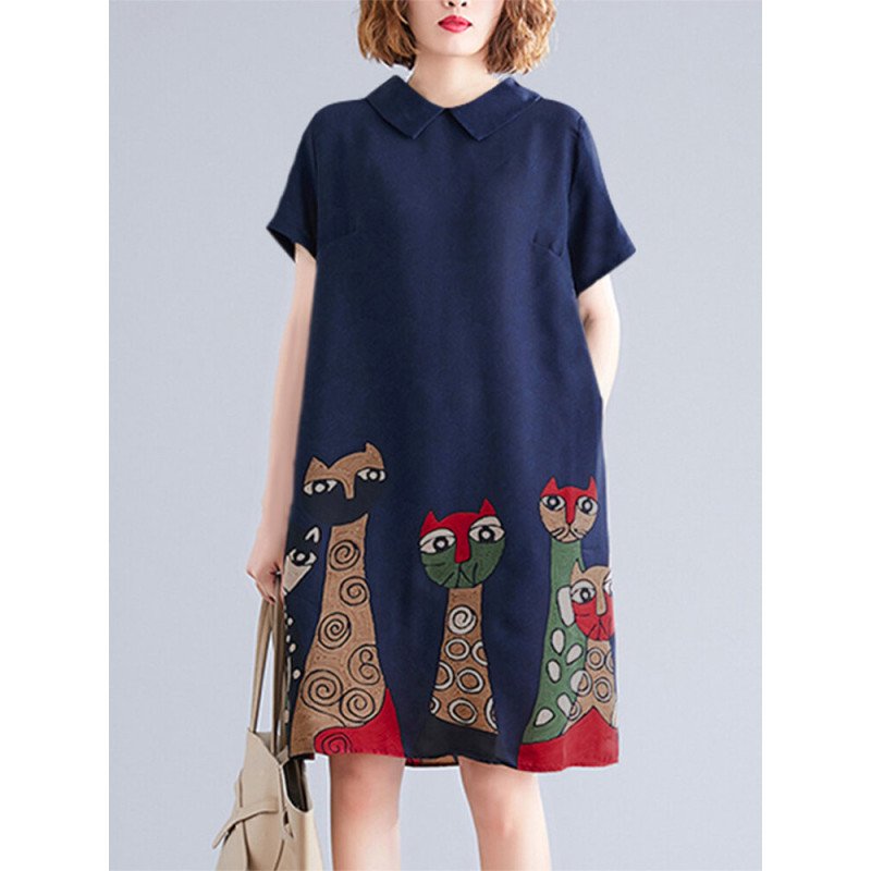 Cartoon Cat Print Short Sleeve Pocket Doll Collar Women Dress