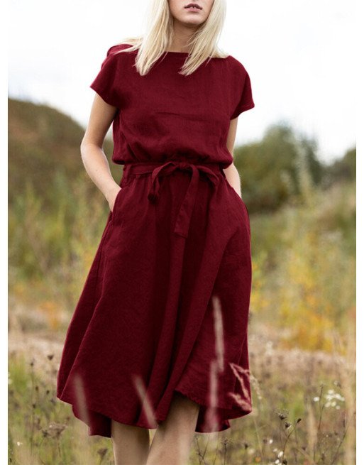 Solid A-line Short Sleeve Crew Neck Dress With Belt