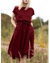 Solid A-line Short Sleeve Crew Neck Dress With Belt
