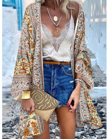 Women Bohemian Floral Print Long Sleeve Loose Kimono