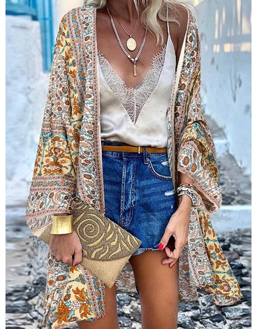 Women Bohemian Floral Print Long Sleeve Loose Kimono