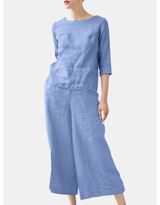 Casual Solid Pocket Crew Neck Wide Leg Two Pieces Suit